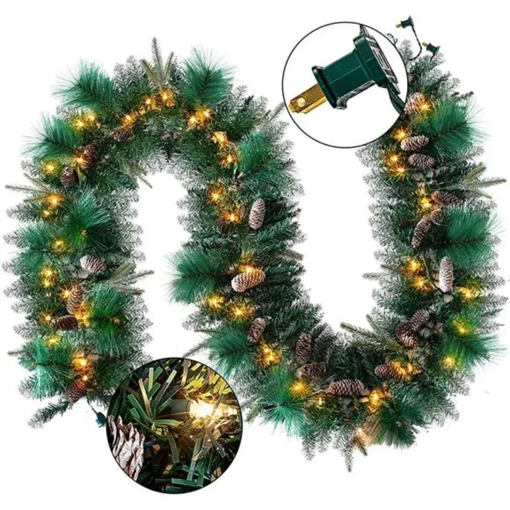 9ft Christmas Flocked Garland (Cone) Pre Lit w/ 50 Count Warm White String Light